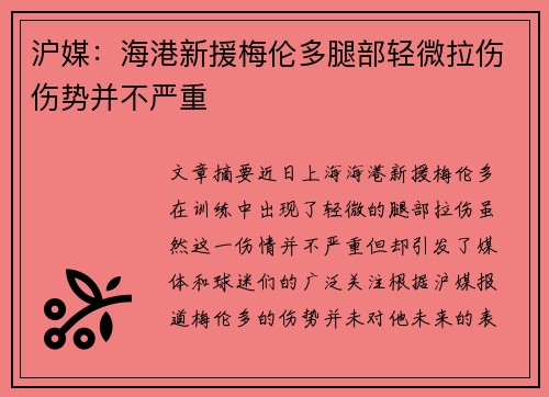 沪媒：海港新援梅伦多腿部轻微拉伤伤势并不严重