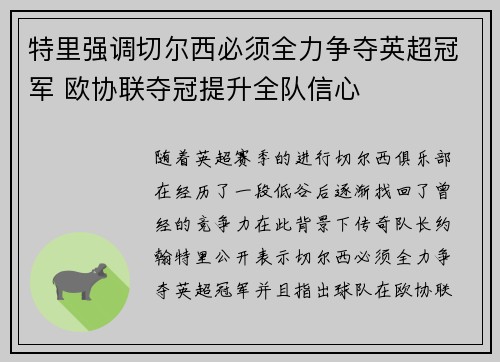 特里强调切尔西必须全力争夺英超冠军 欧协联夺冠提升全队信心